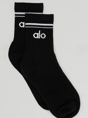 ALO Yoga Black Crew Socks with White Stripe and Logo